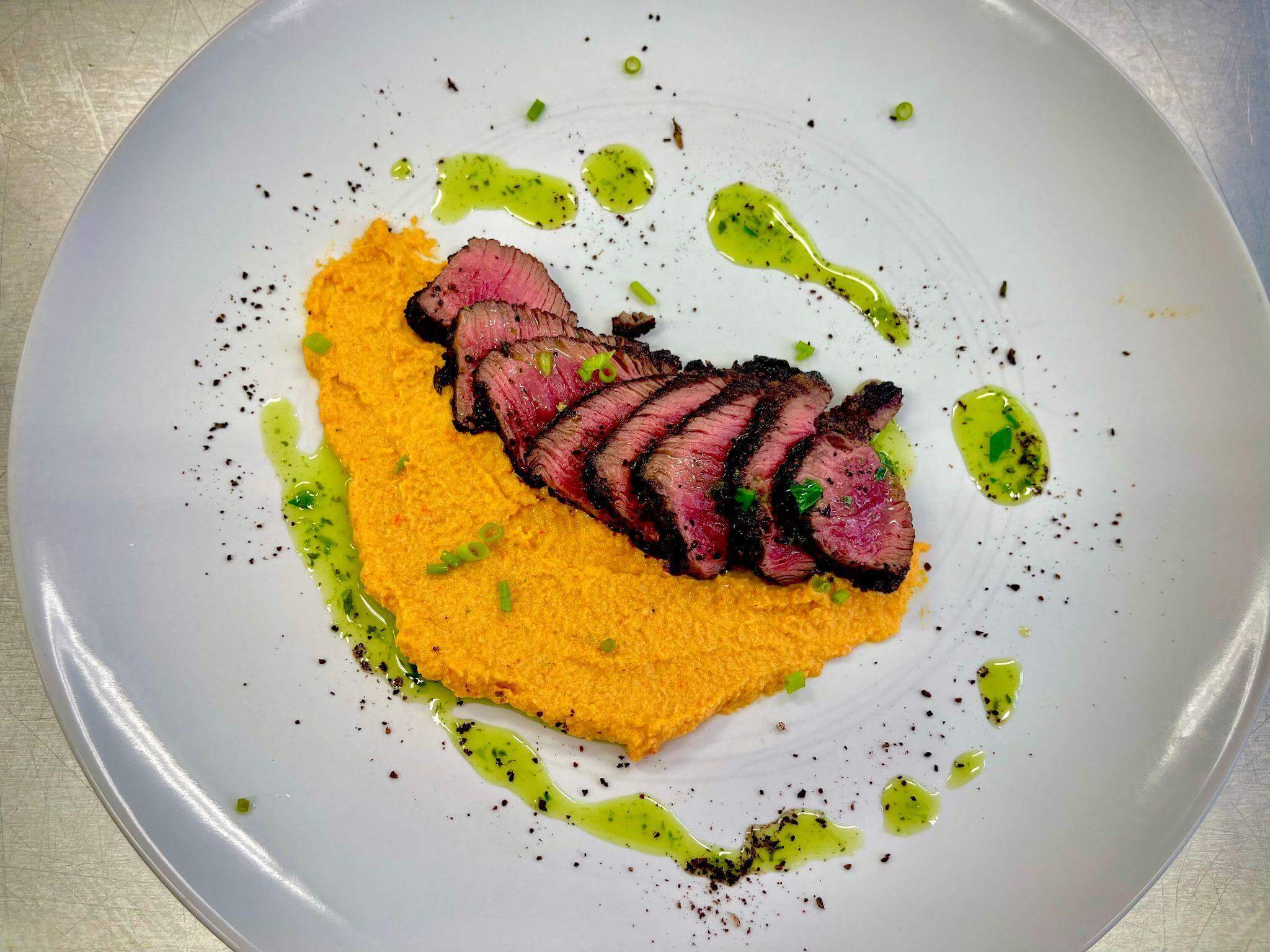 Coffee Crusted Beef Tenderloin with Macadamia Romesco